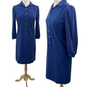 Vintage 80s Knit Shirtdress Button Down Cuffed Long Sleeve Collared Blue size M